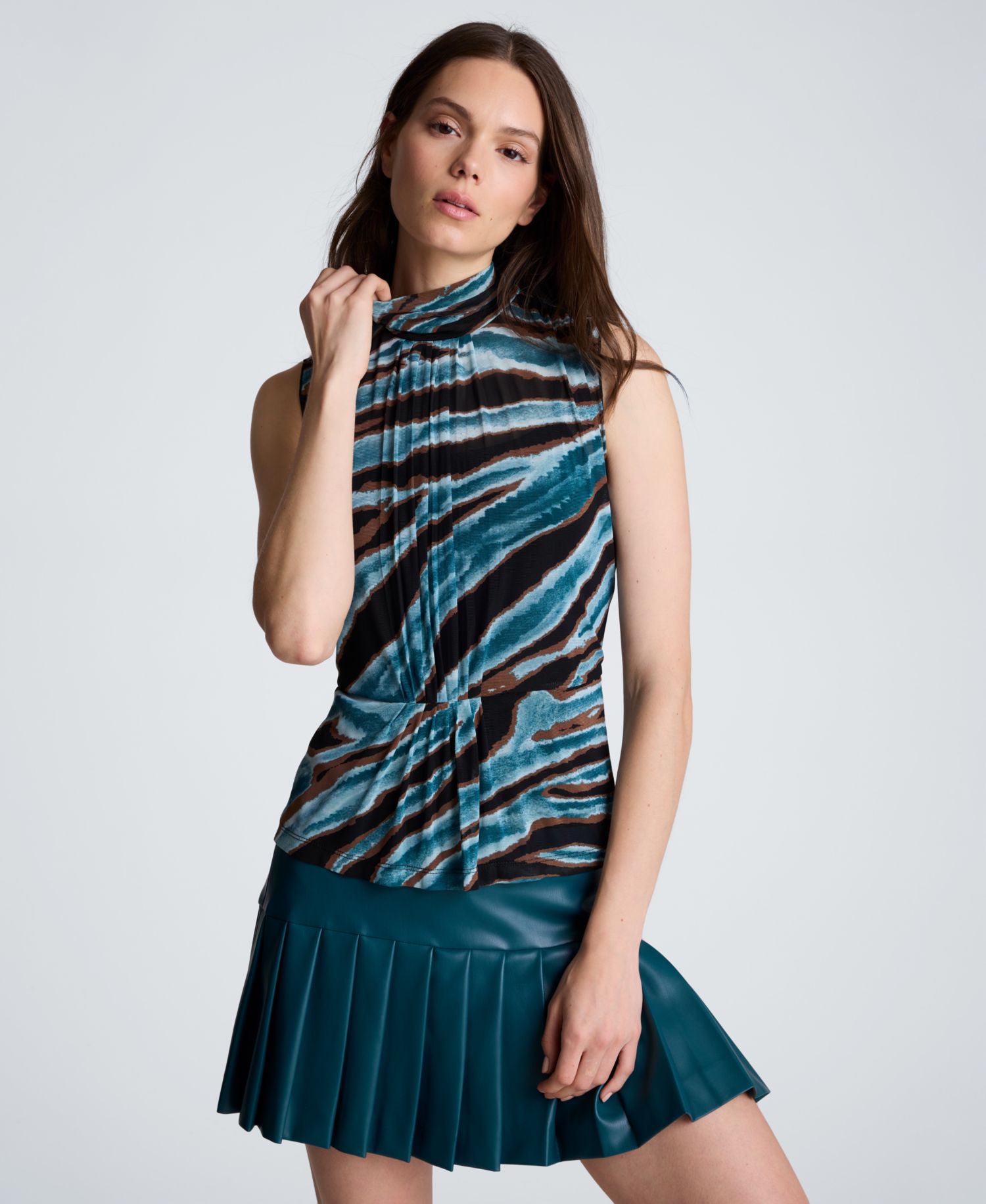 Women's Front-Pleated Mock Neck Mesh Sleeveless Top