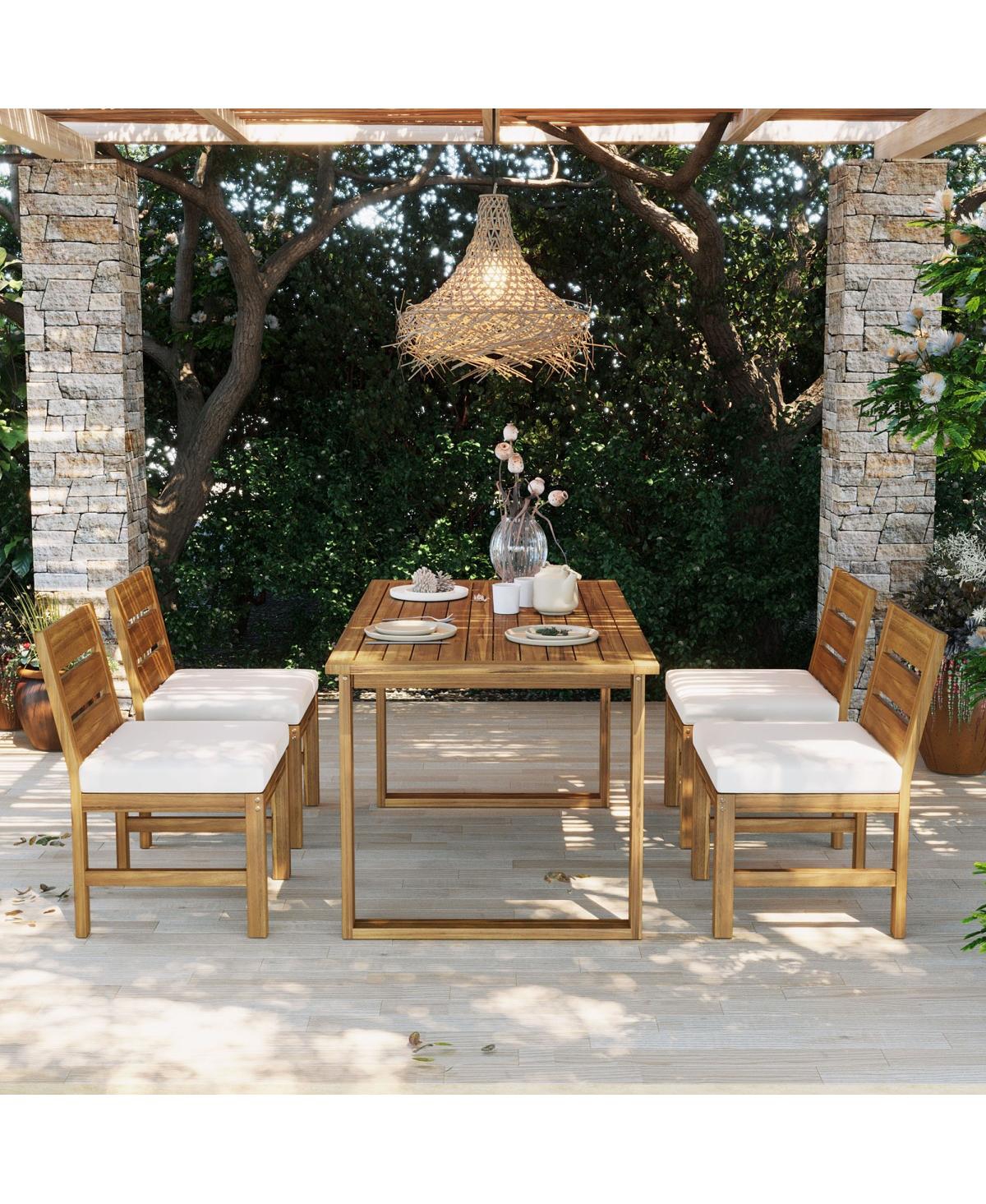 Asagikoiai Farmhouse 5-Piece Acacia Wood Patio Dining Set with Adjustable Legs