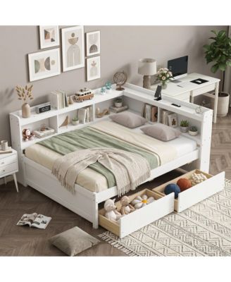 L-shaped Bookcases Bed with Power Outlets, USB Charging Ports,Two Drawers