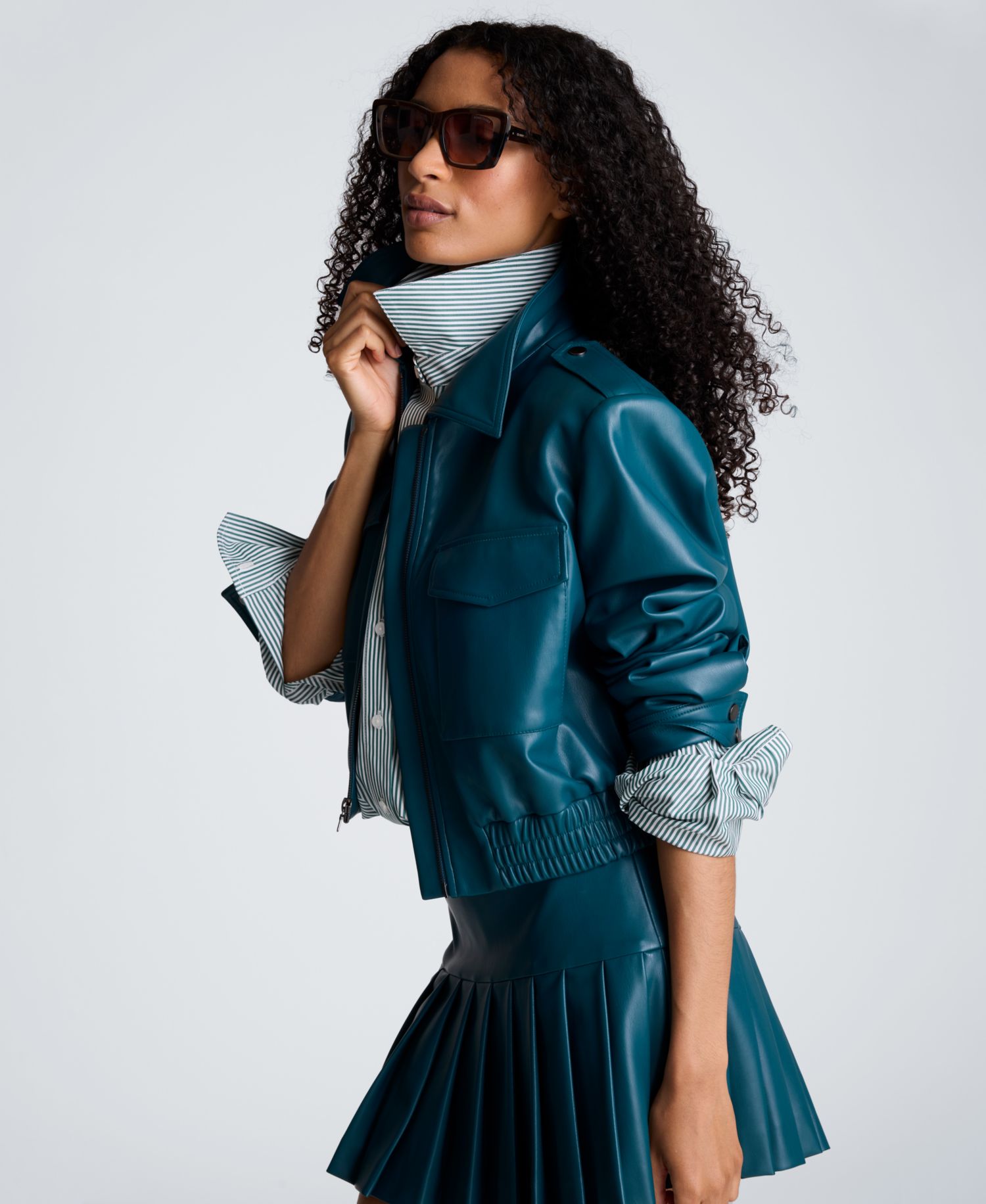 Women's Cropped Faux Leather Bomber Jacket