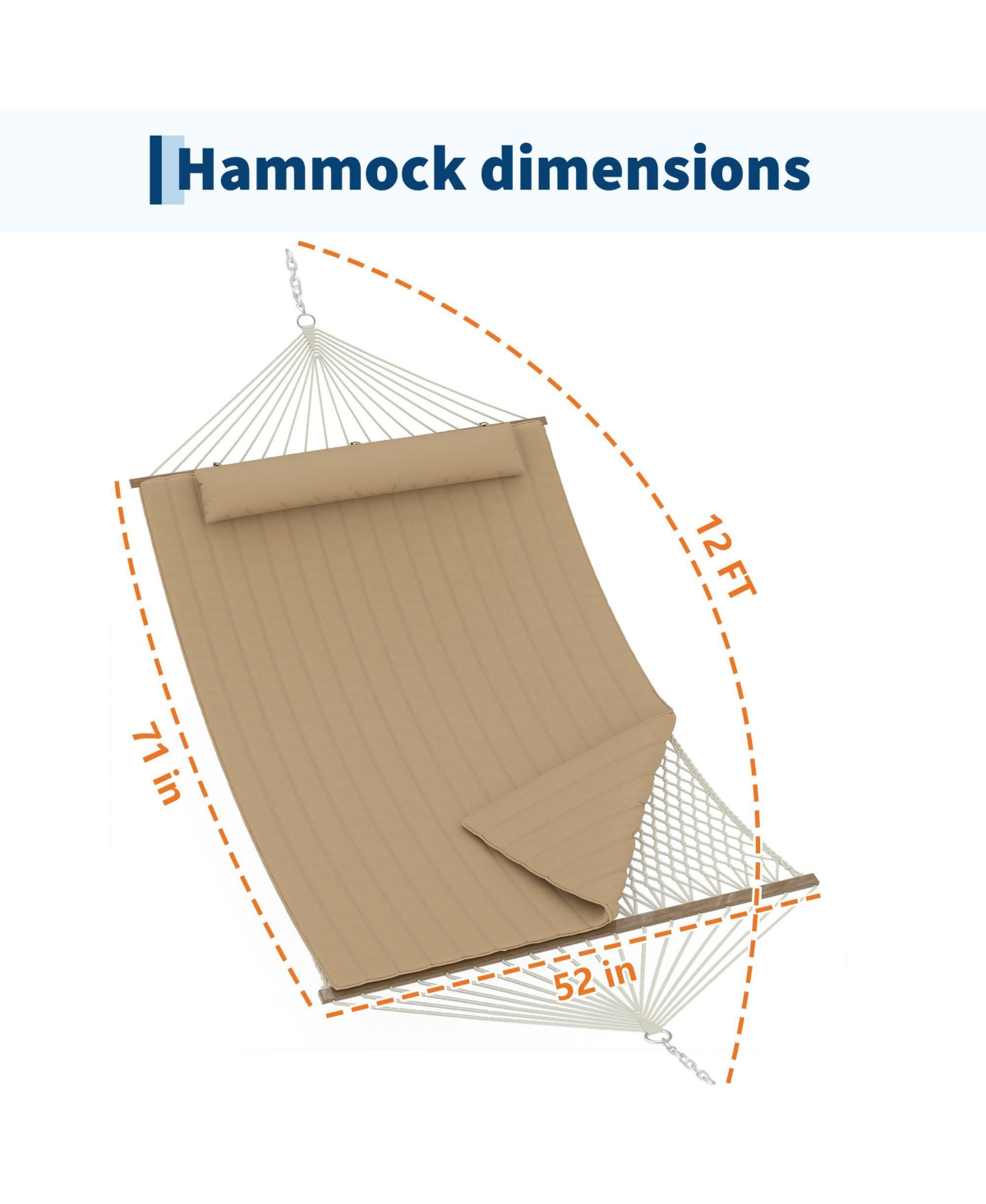 GarveeLife Double Outdoor Hammock Quilted Hammock with Spreader Bar and Removable Pillow Adjustable Steel Frame Cotton Rope and Polyester Pad