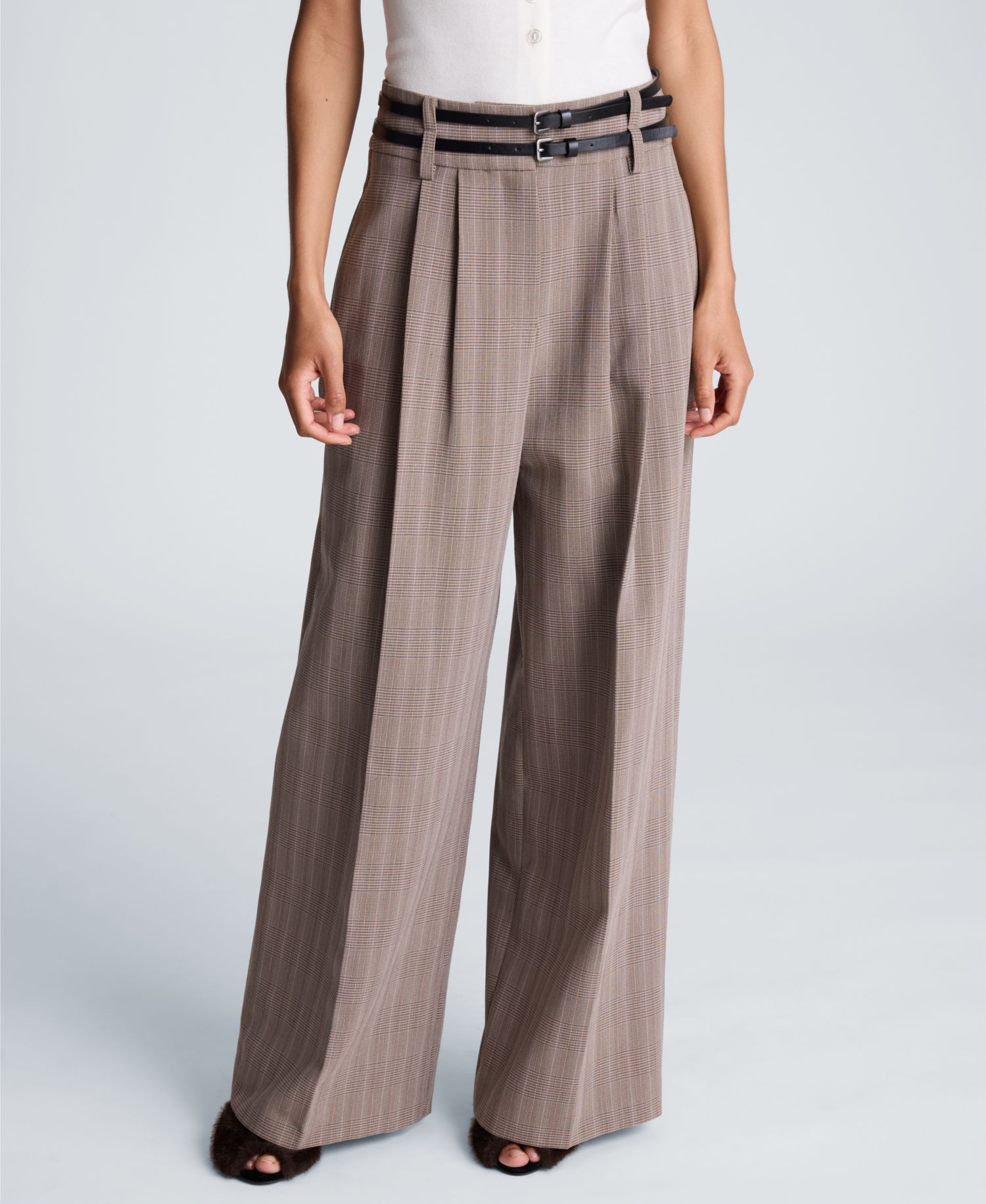 Women's High-Rise Double-Belt Pleated Wide-Leg Pants
