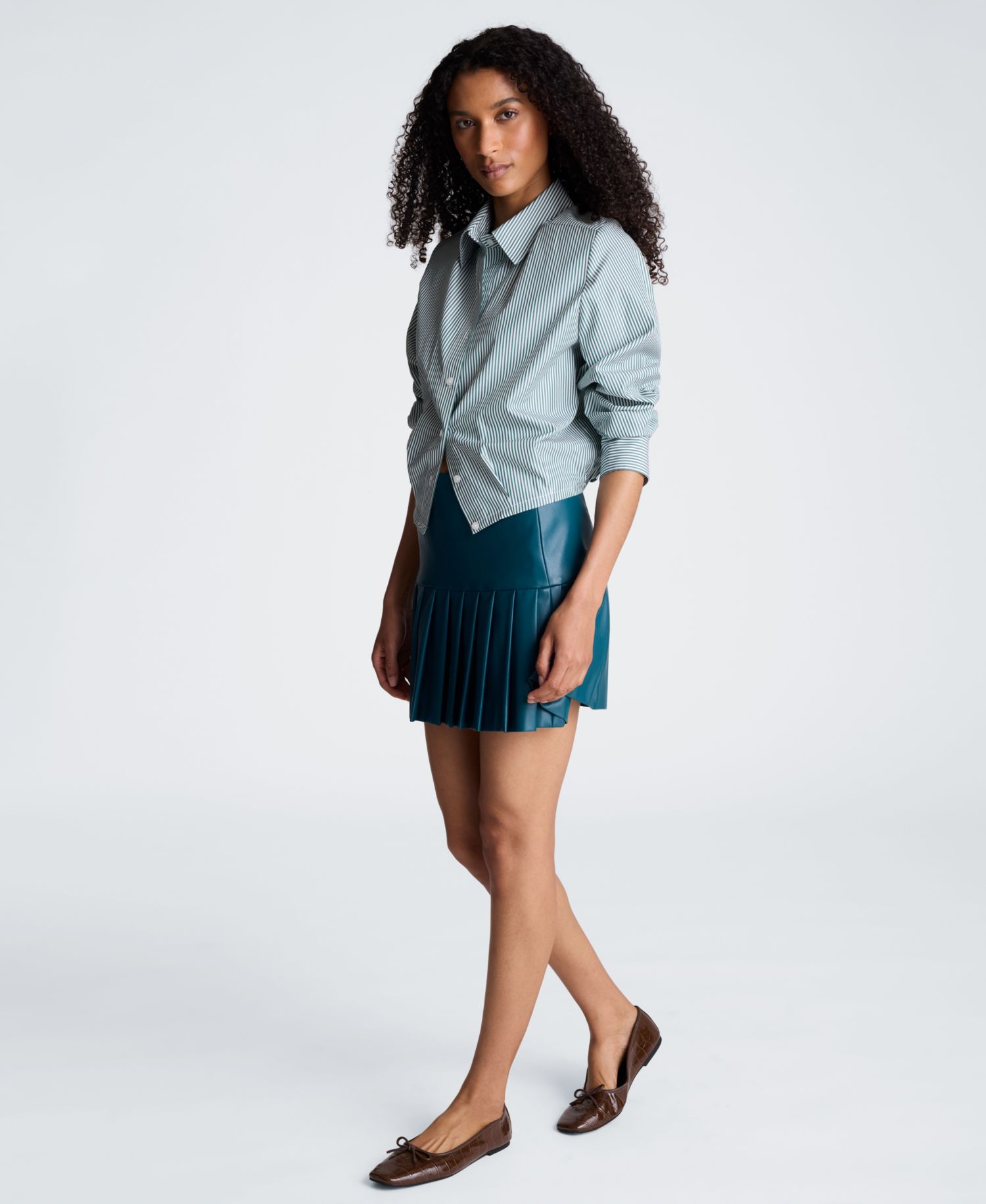 Women's Striped Shoulder Pads Button-Down Crop Shirt