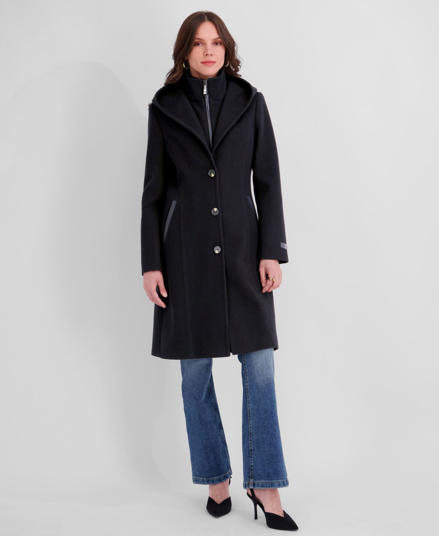 Women's Bibbed Faux-Leather Trimmed Hooded Coat