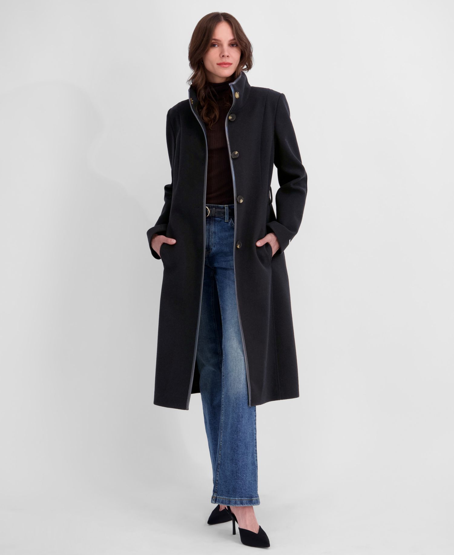 Women's Belted Faux-Leather Trimmed Funnel Neck Coat
