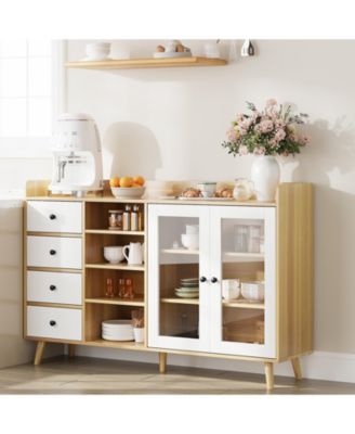 55" Farmhouse Coffee Bar with Storage and Adjustable Shelves, Buffet Sideboard Cabinet with Glass Doors and Open Shelves for Dining Room