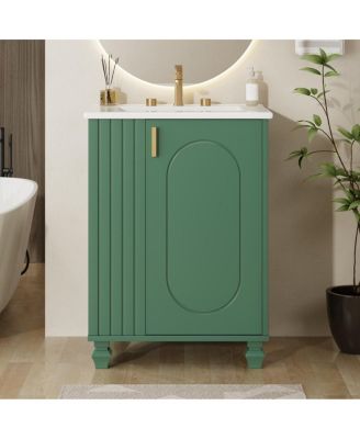  Freestanding Vanity With Ceramic Sink, Solid Pine Frame, Soft-Close Door Shelf Side Open Storage