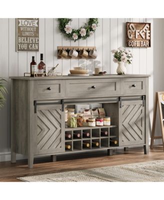 59 Inch Farmhouse Sideboard Buffet with Sliding Barn Door, 3 Drawers, Removable Wine Rack and Adjustable Shelf for Dining Room, Kitchen