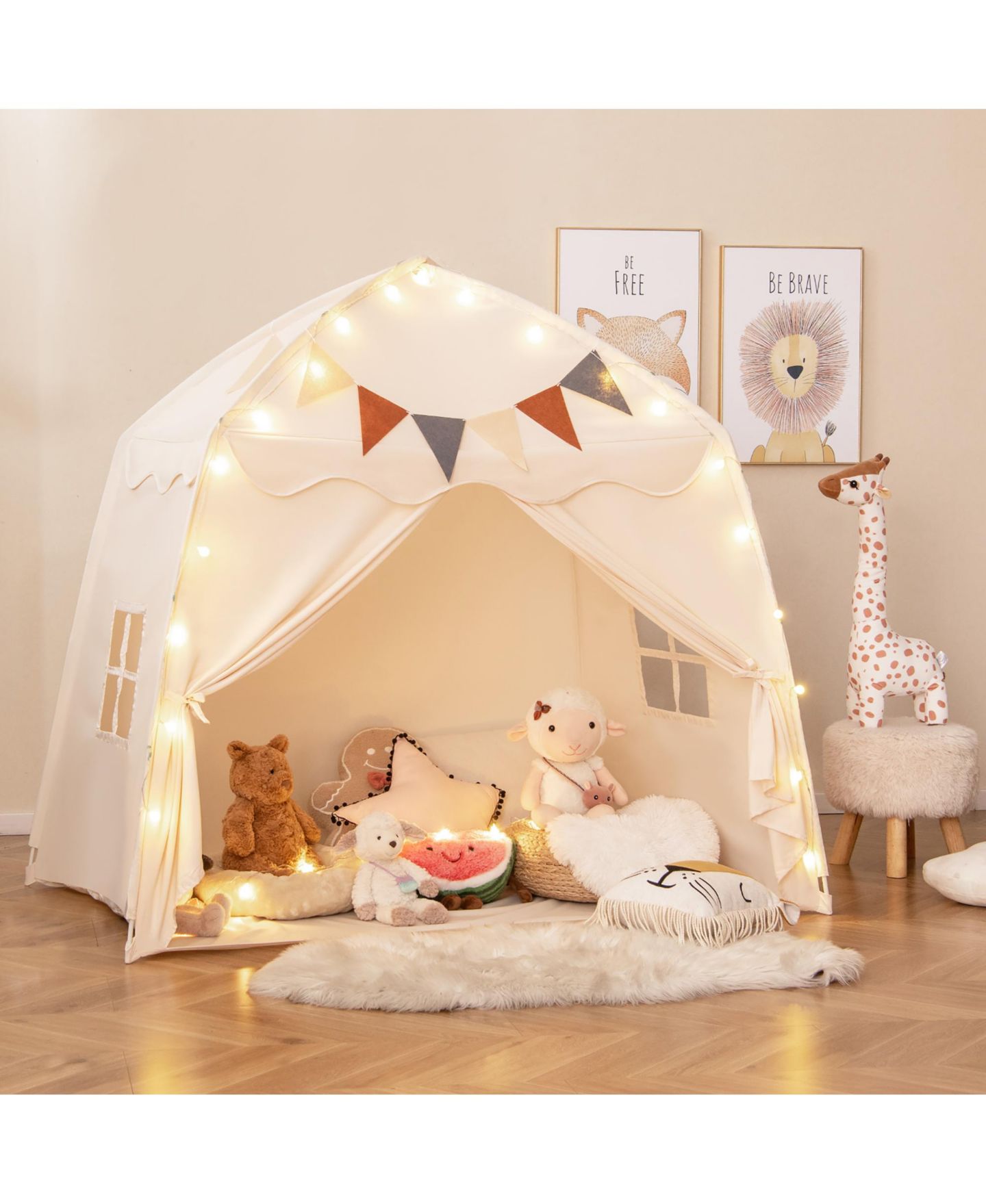 Детская игрушка Gymax Kids Play Tent With Globe String Lights and Flags, Ages 3-12, цвет: Светлый бежевый — фото 2