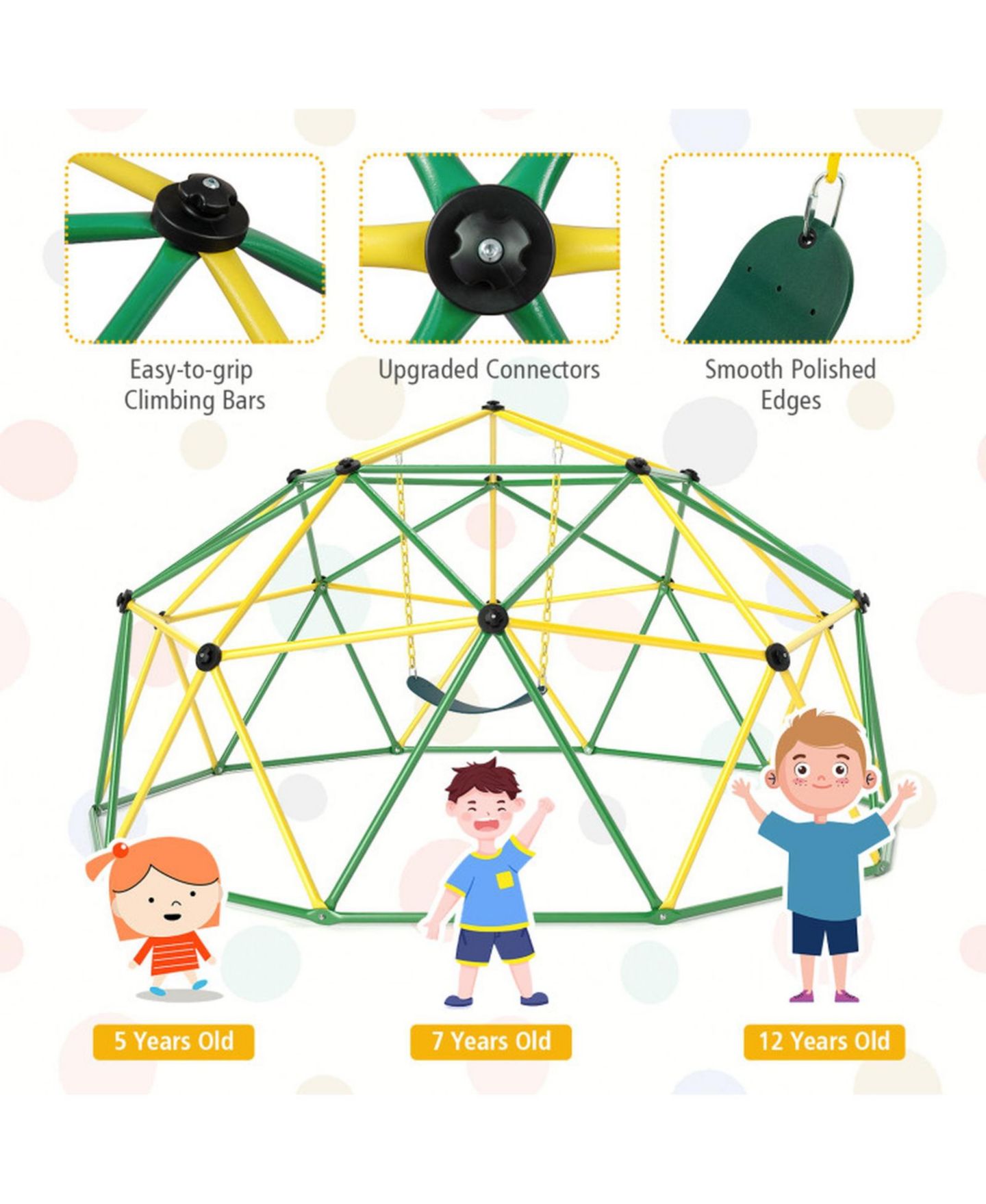 Детская игрушка GOUUN 10 Foot Geometric Dome Climber with EVA Swing, 800 Lb Load Capacity, Ages 5-12, цвет: Зелёный — фото 7