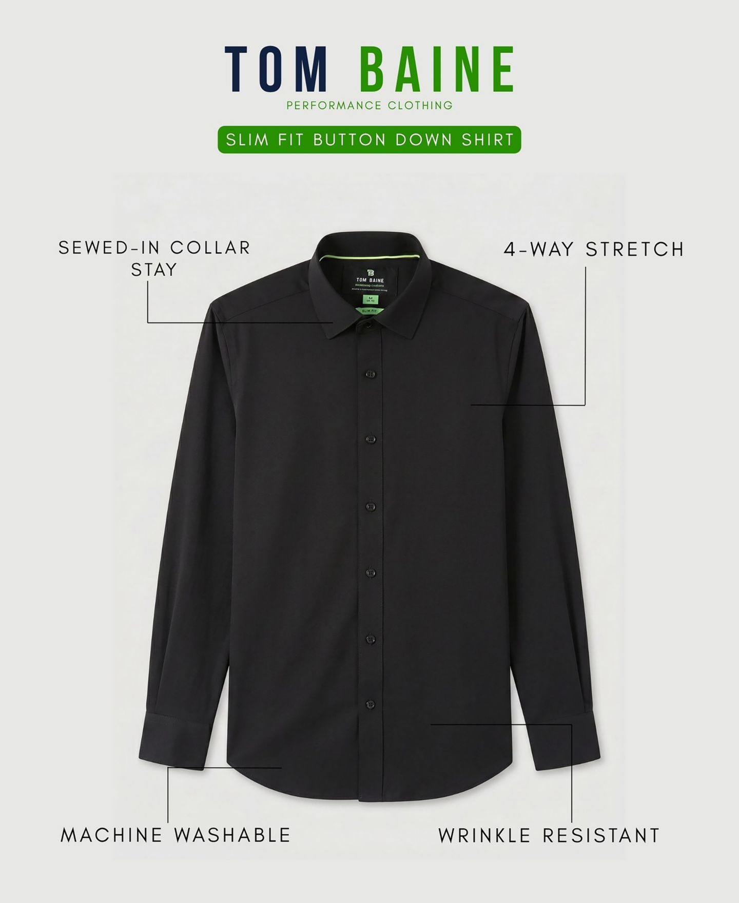 Мужская рубашка Tom Baine Performance Stretch Solid Button-Down, цвет: Чёрный — фото 5