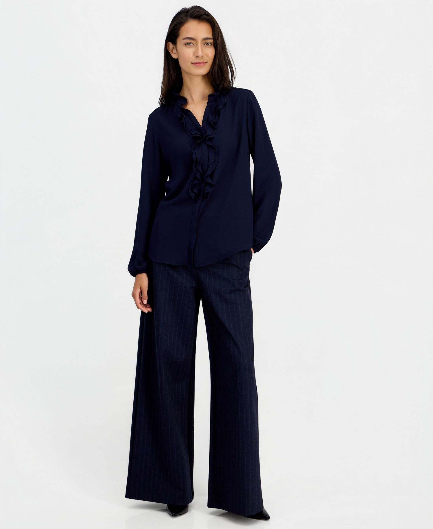 Women's Ruffle-Front Long-Sleeve V-Neck Blouse