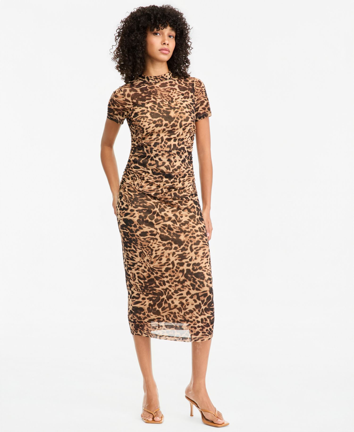 Women's Mock Neck Short-Sleeve Triple Mesh Midi Dress