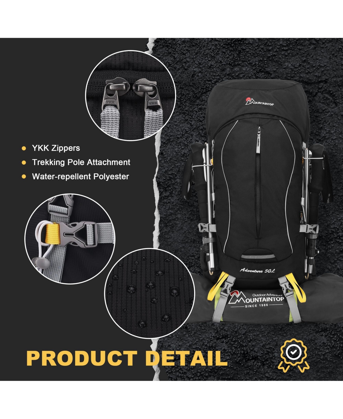 Mountaintop 50 Liter Internal Frame Hiking Backpack with Rain Cover Outdoor Camping Backpack for Men Women