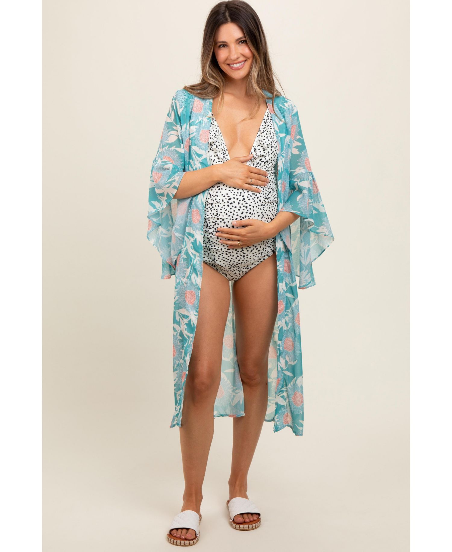 Women's Teal Floral Bell Sleeve Cover-Up