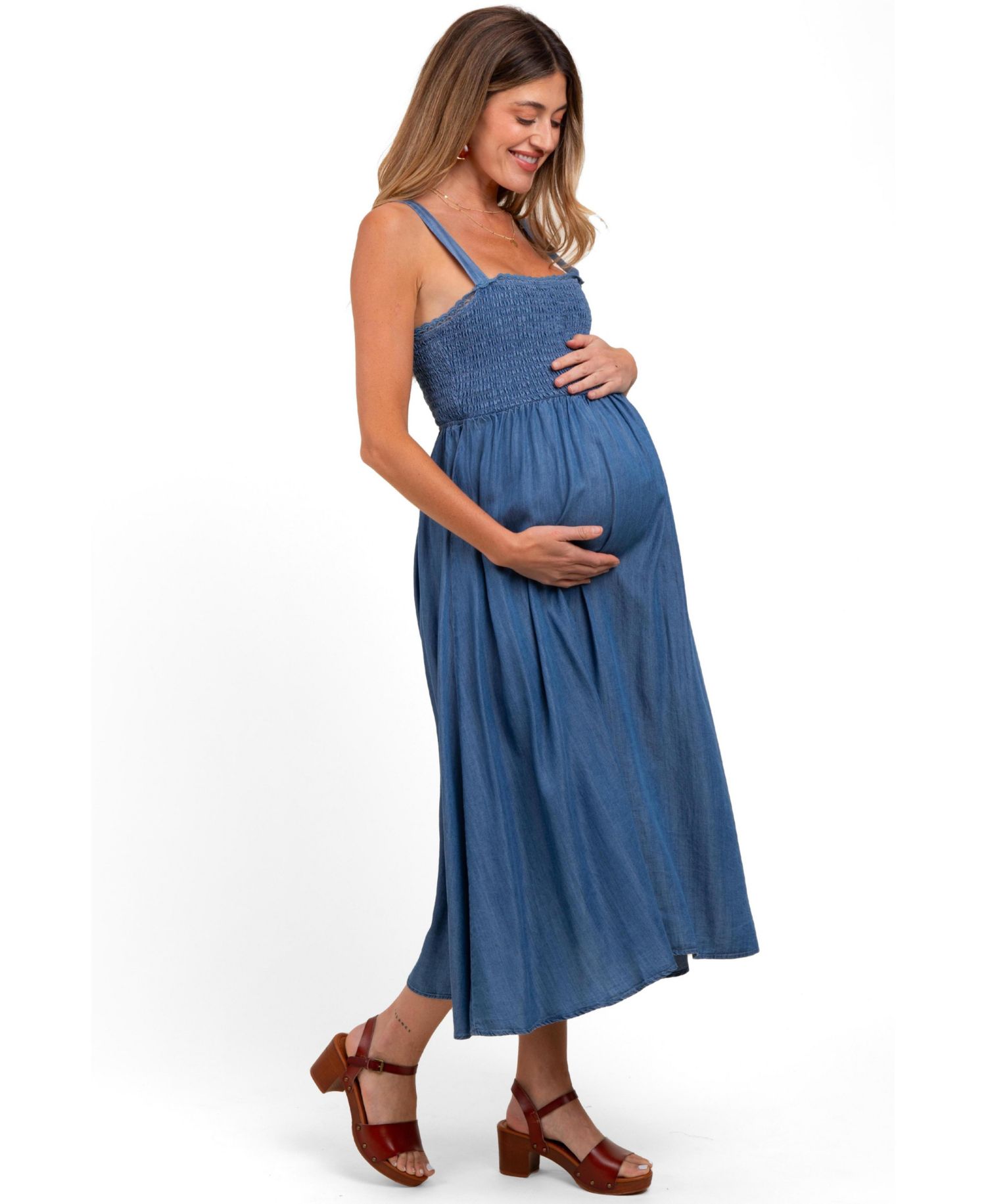 Women's Blue Smocked Chambray Tie Back Cutout Midi Dress
