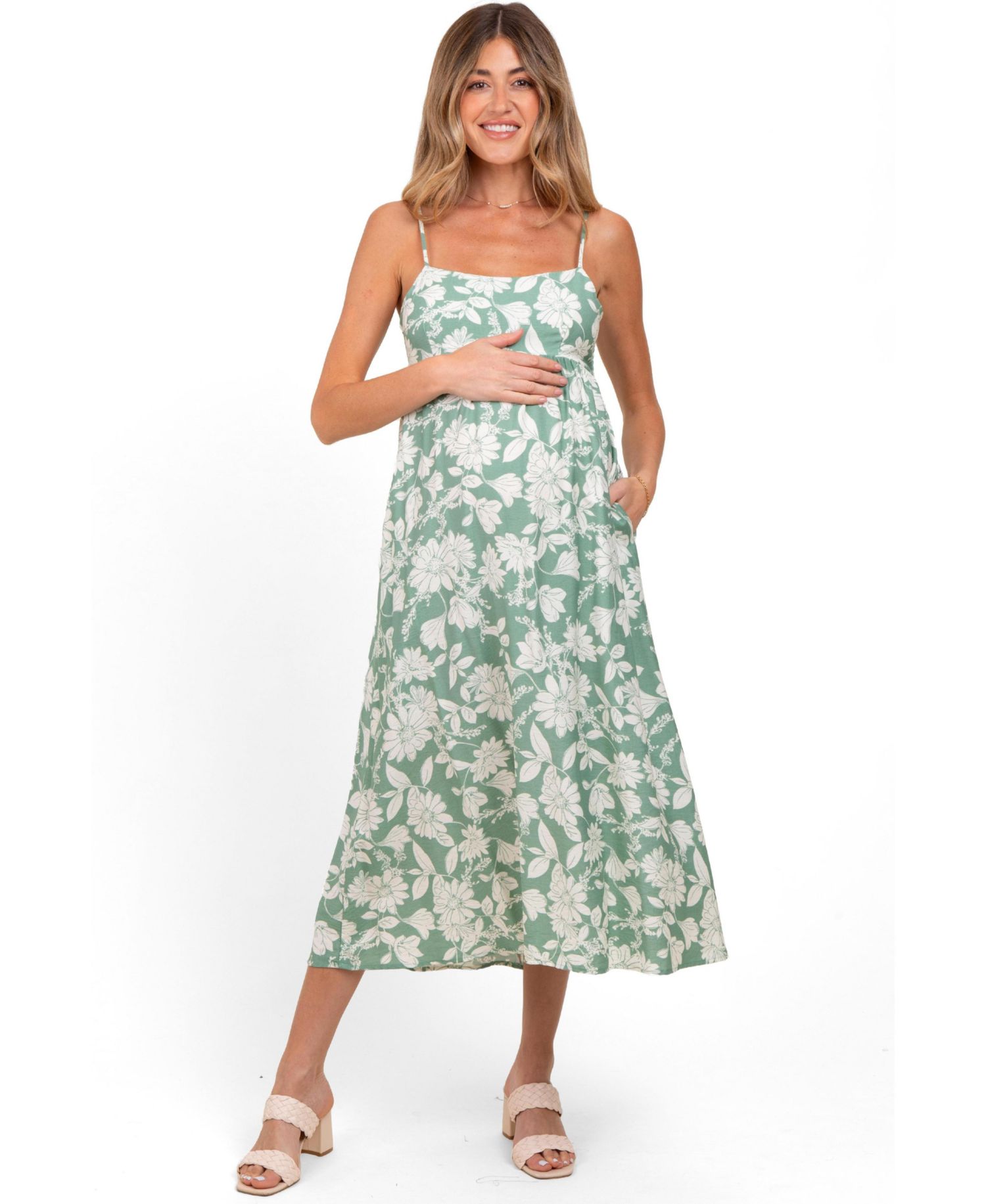 Women's Light Olive Floral Sleeveless Midi Dress