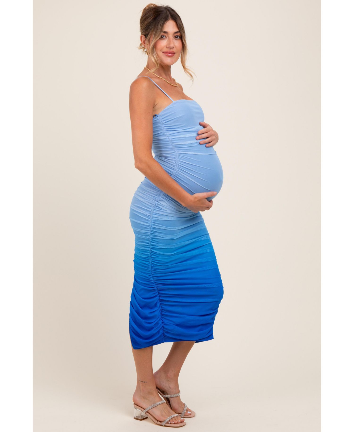 Women's Blue Mesh Ombre Ruched Midi Dress