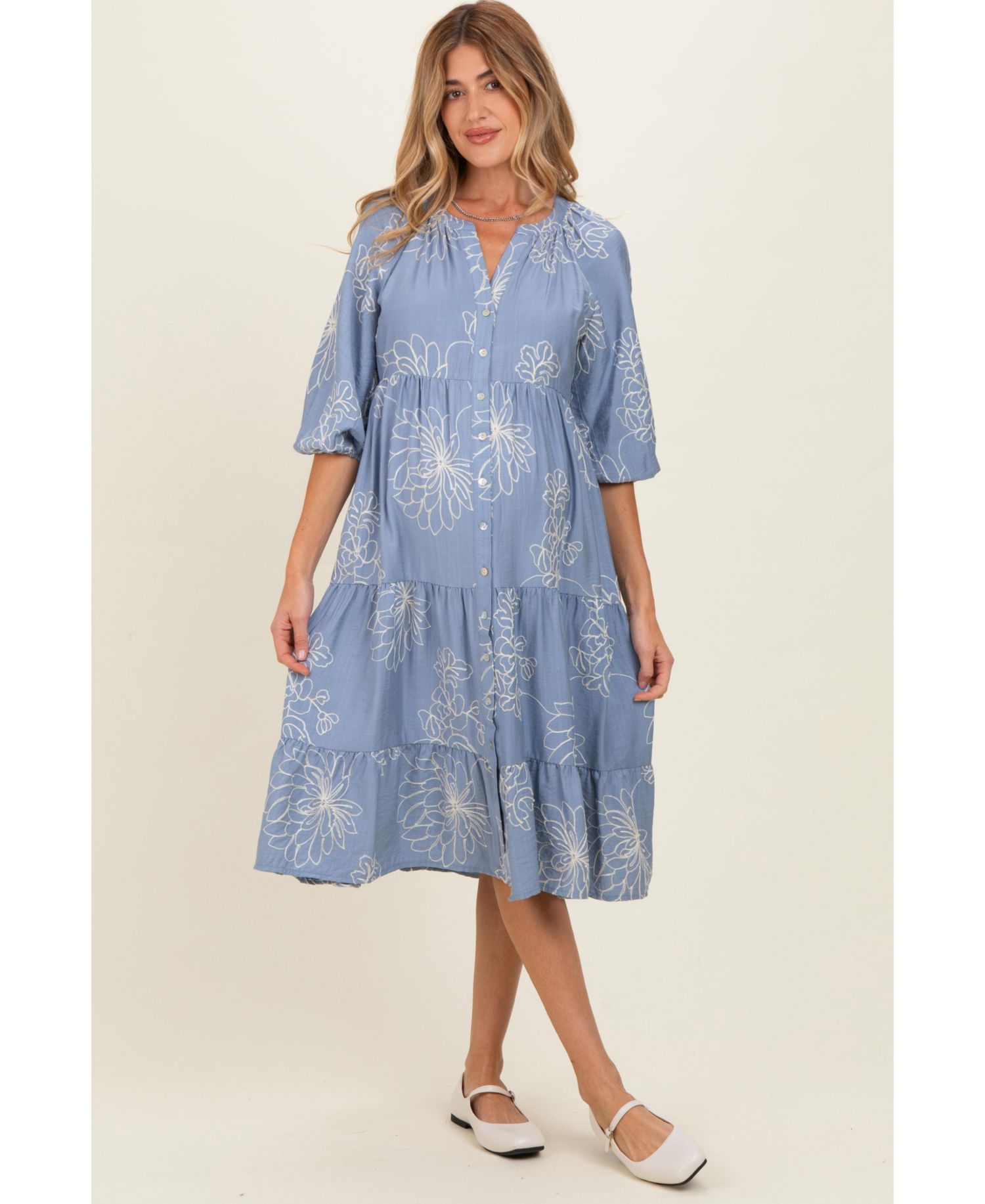 Women's Blue Embroidered Tiered Midi Shirt Dress