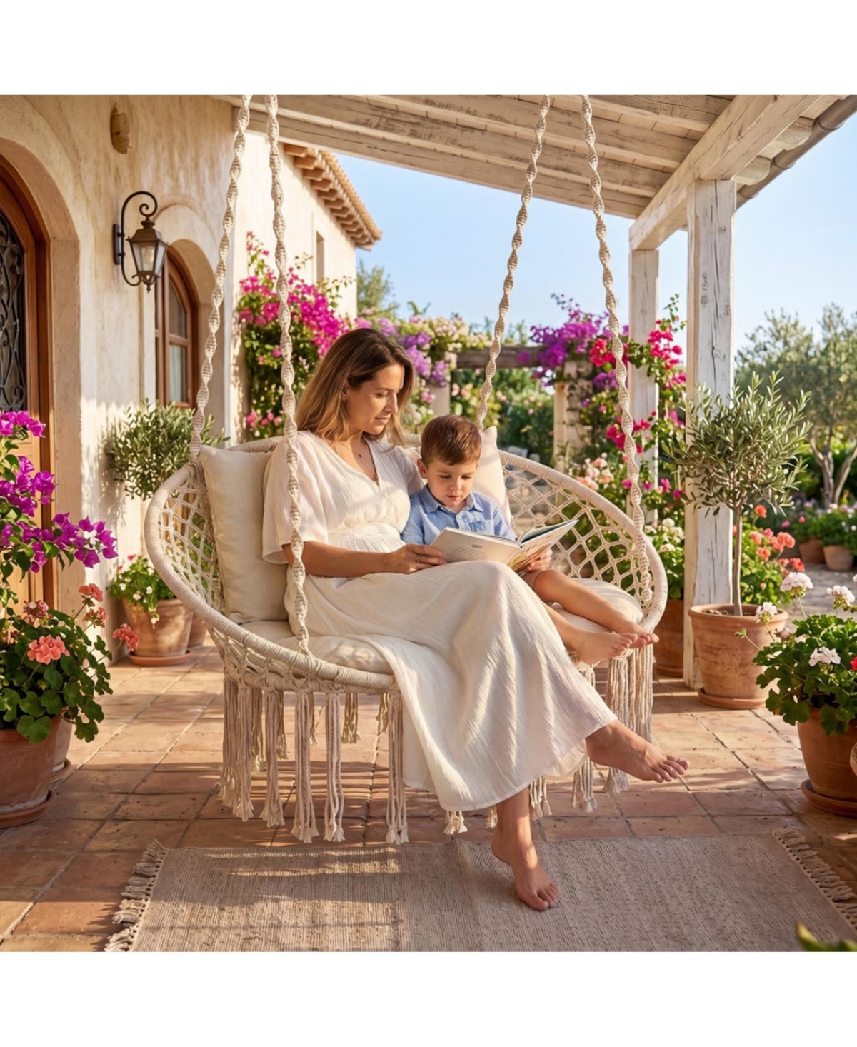 Sugift Double Swing Chair With Cushions Macrame Hanging Hammock Chair for Indoor and Outdoor Use
