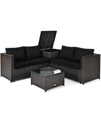 4-Piece Outdoor Rattan Sectional Set with Loveseat, Storage End Table and Glass Top