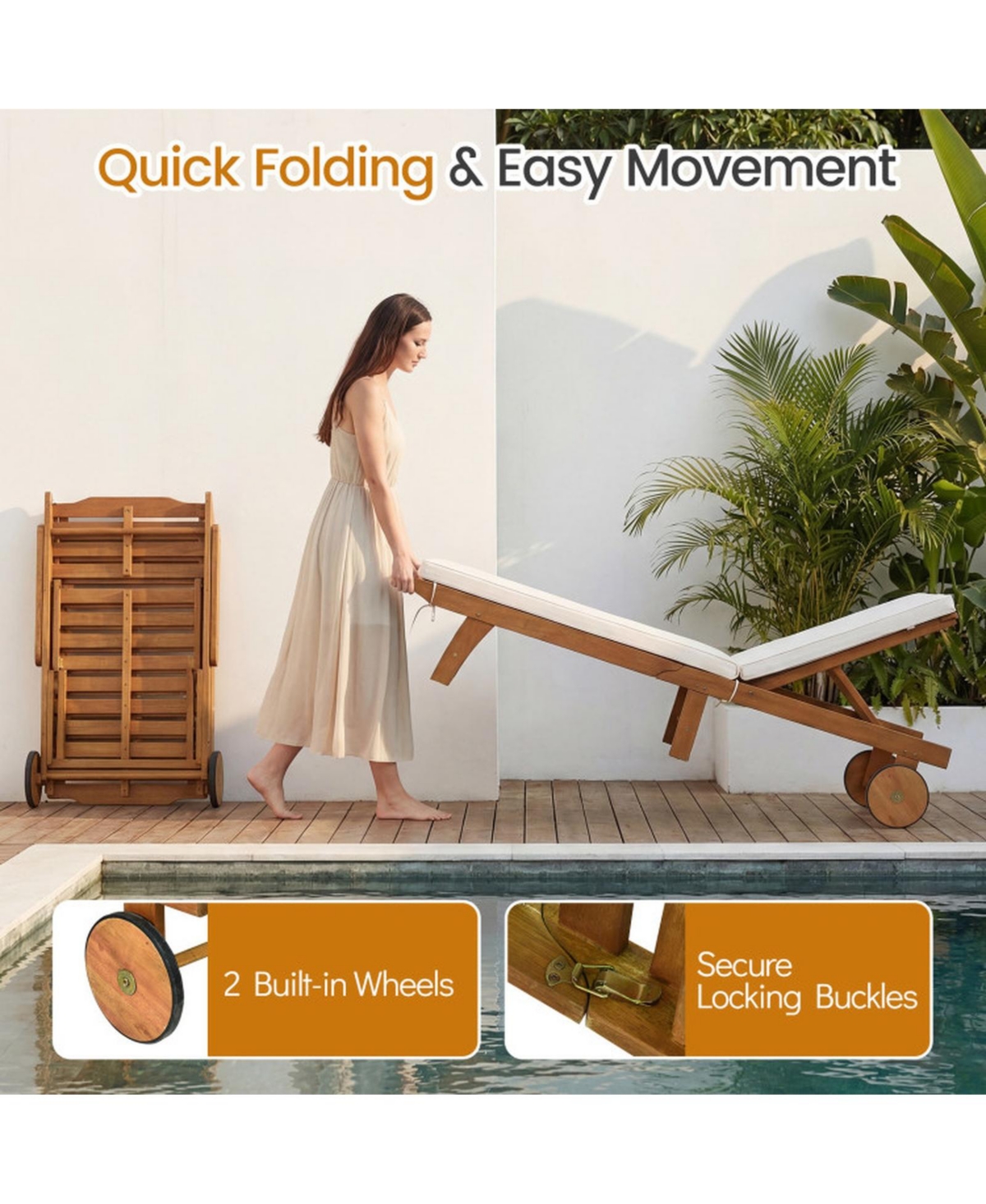 Gouun Outdoor Acacia Wood Patio Lounge Chair Chaise Recliner
