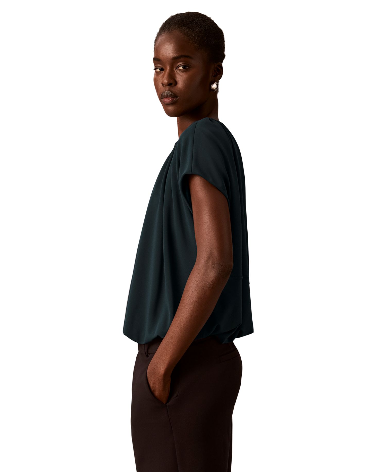 petite Shirred Extended-Shoulder Short-Sleeve Blouse