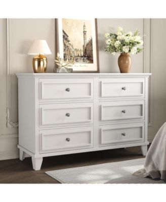 Dresser for Bedroom, 6 Drawer Wide Dresser Storage Organizer, Modern Wooden Chest of Drawers with Metal Handles for Hallway, Entryway
