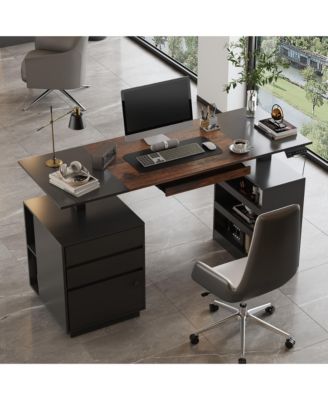  Electric Standing Desk - Height Adjustable Desk with Fingerprint Lock and Pegboard Tiger Wood Grain Computer Desk for Home Office