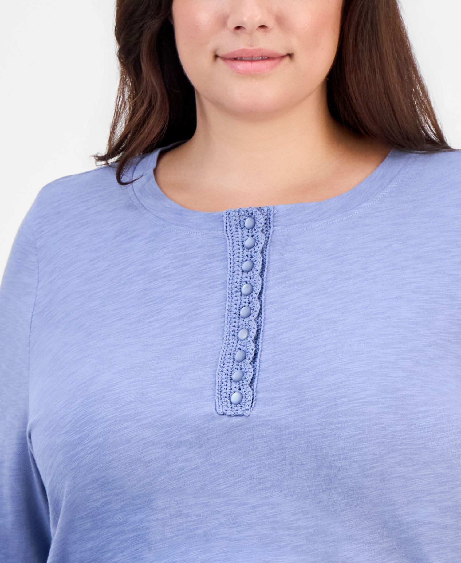 Plus Size Crochet 3/4-Sleeve Henley Top