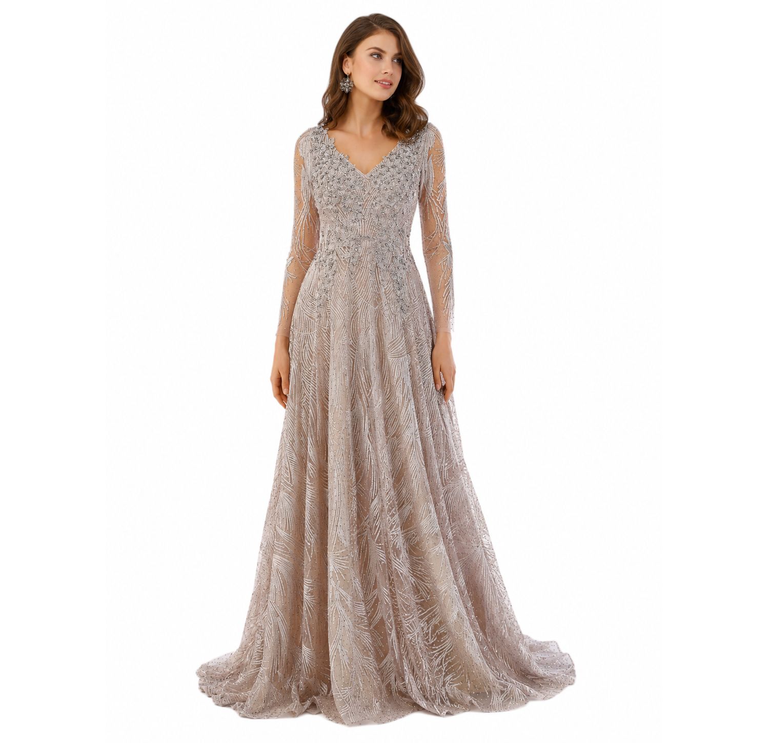 Women's Long Sleeves Beaded Ballgown