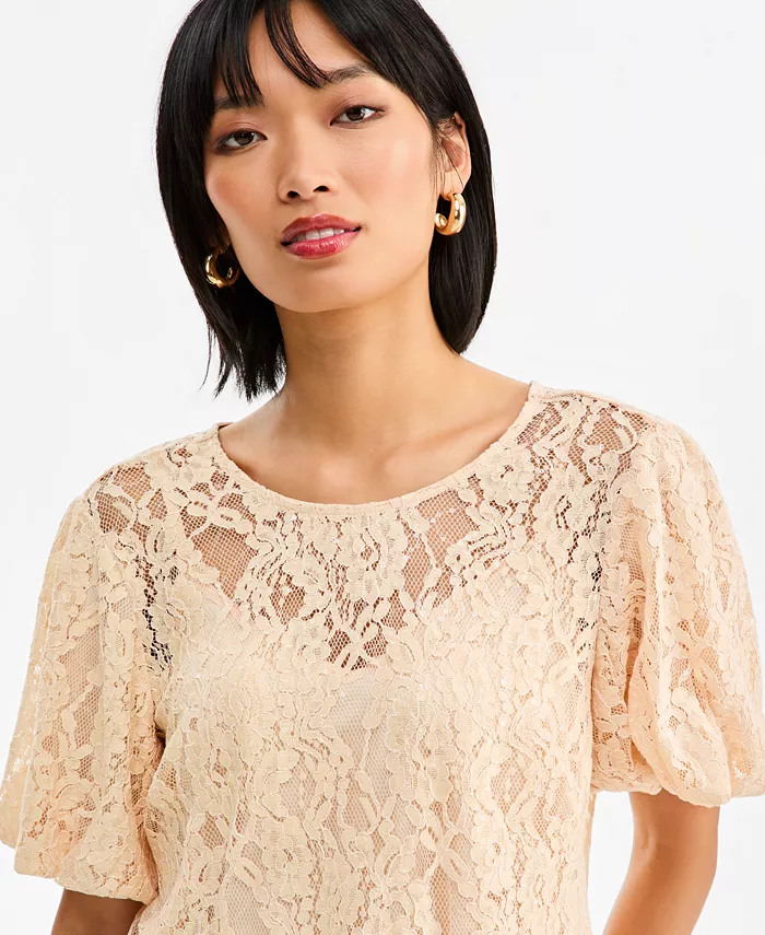 Women's Short-Sleeve Sequin Embellished Lace Blouse - thumbnail 8