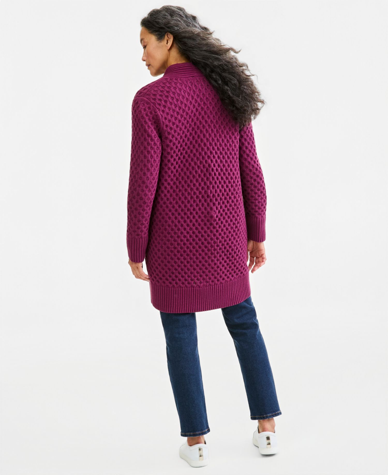 Petite Honeycomb-Knit Open-Front Long Cardigan