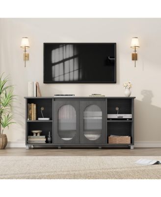 Retro TV Stand for Up to 70" TVs, Media Console with 2 Tempered Glass Cabinets, 4 Adjustable Shelves and Cord Management