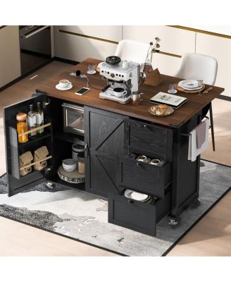 54.5'' Farmhouse Kitchen Island with Power Outlet Drop Leaf and Storage