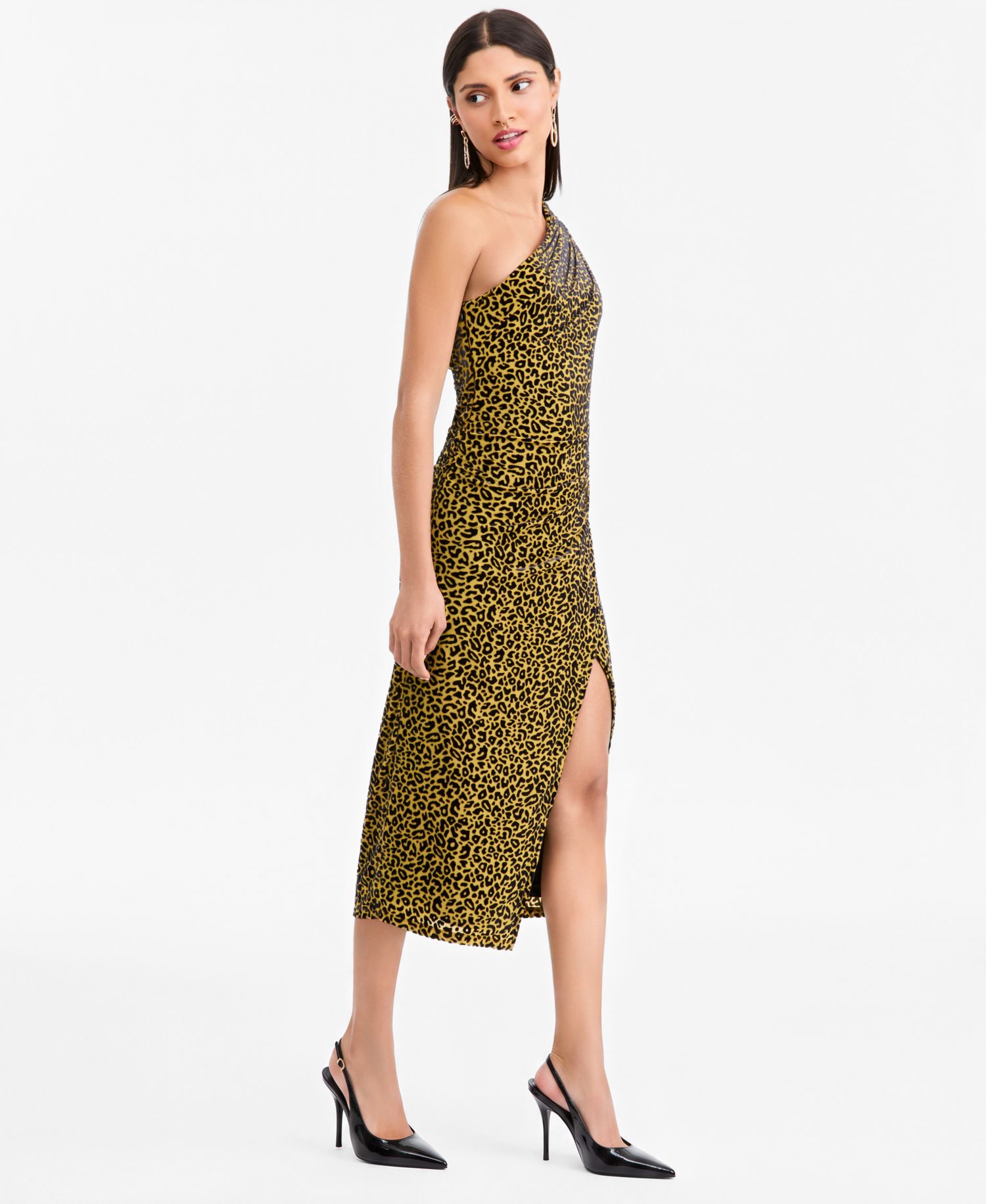 Women's Leopard Embossed One-Shoulder Side-Slit Dress