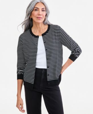 Women's Stripe Crew-Neck Button-Down Cardigan Sweater