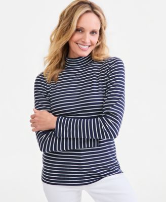 Women's Long-Sleeve Mock-Neck Glasgow Stripe Cotton-Blend T-Shirt