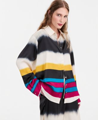 Women's Satin Stripe Print Button-Up Shirt