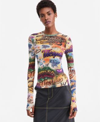 Women's Graffiti Print Sheer-Mesh Long-Sleeve Top