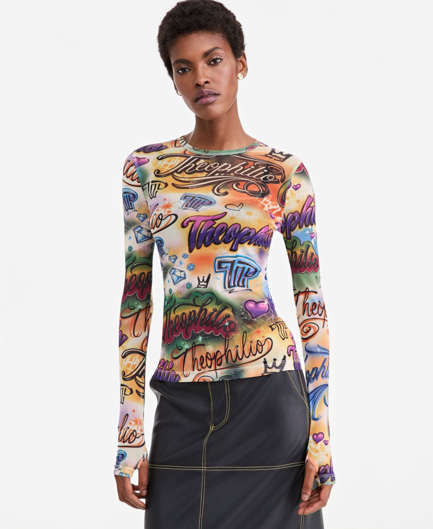 Women's Graffiti Print Sheer-Mesh Long-Sleeve Top