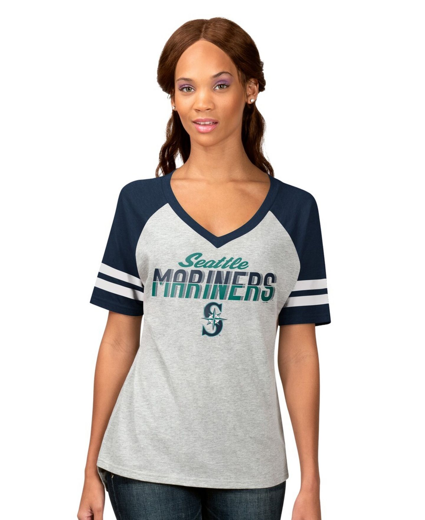 Женская футболка G-III 4Her by Carl Banks Heather Gray Seattle Mariners Goal Line Raglan V-Neck — фото 5
