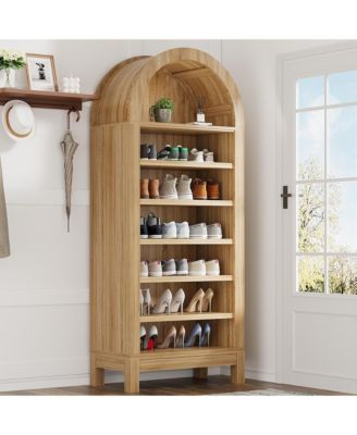 Tall Shoe Cabinet, 70" Arched Shoe Storage Cabinet with 7 Tiers, Wooden Shoe Rack Cabinet with Adjustable Shelves
