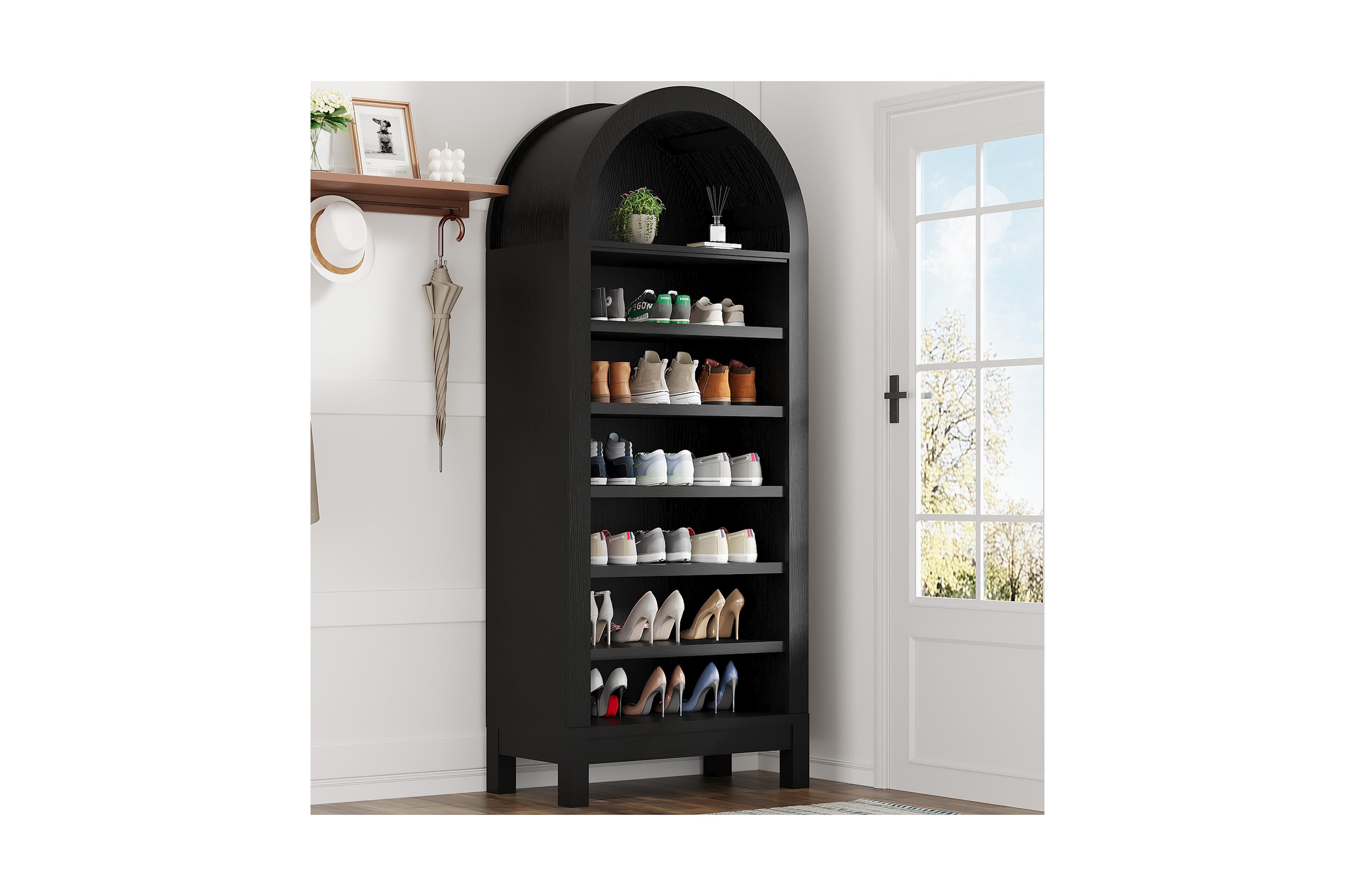 homfan Tall Shoe Cabinet, 70" Arched Shoe Storage Cabinet with 7 Tiers, Wooden Shoe Rack Cabinet with Adjustable Shelves