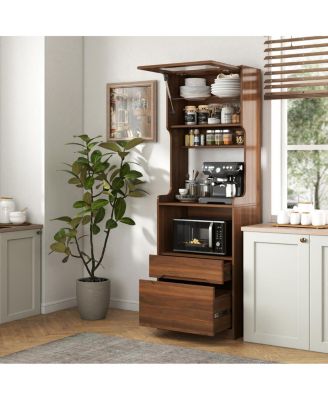 Farmhouse Kitchen Pantry Hutch with Microwave Stand and Coffee Bar