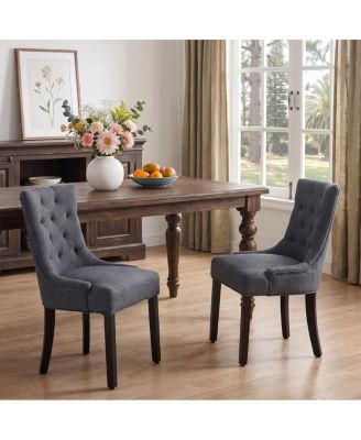 Modern Tufted Linen Dining Chairs with Solid Wood Legs Set of 2