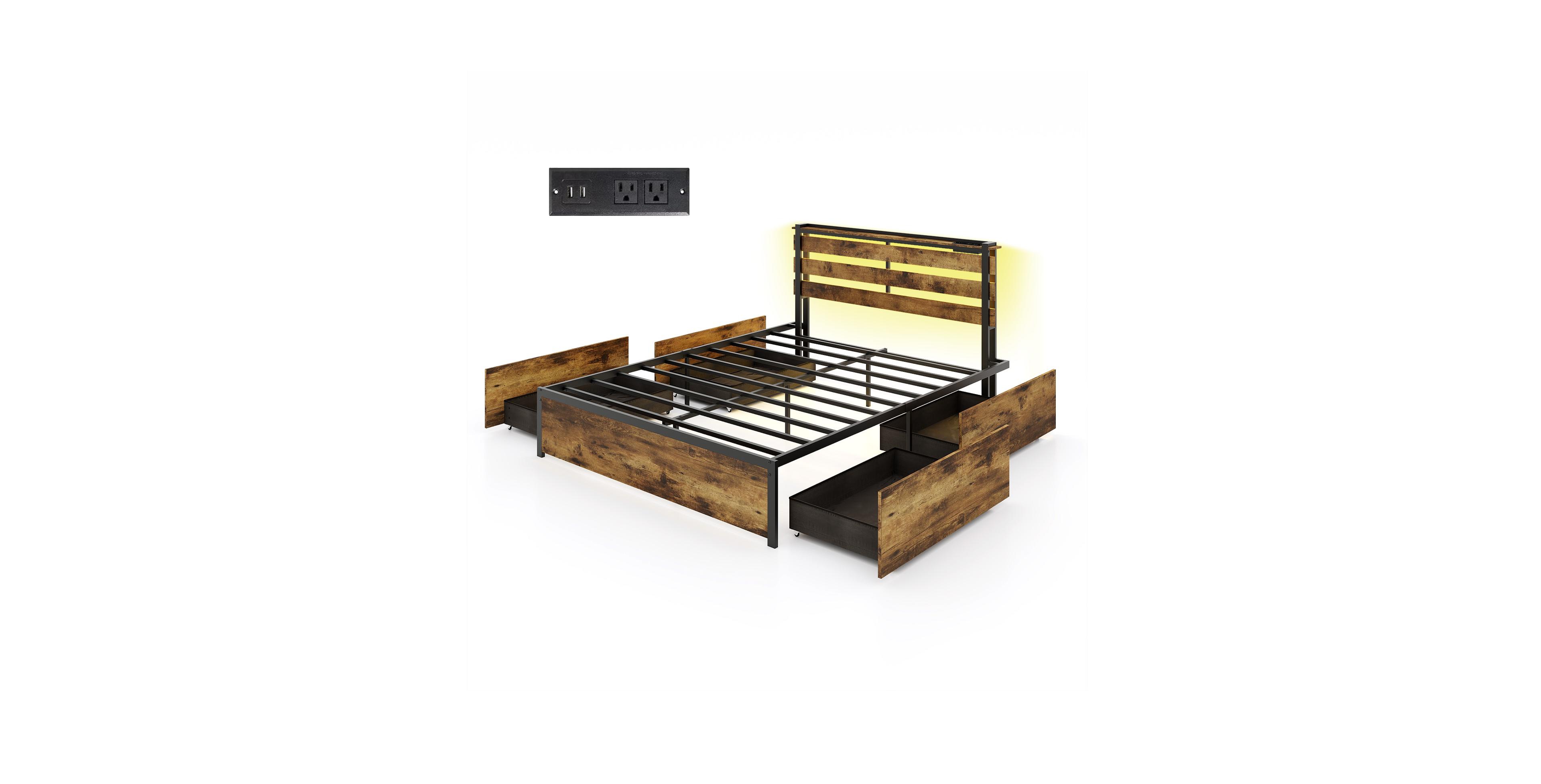 Gouun Bed Frame with Drawers Led Lights and Usb Ports