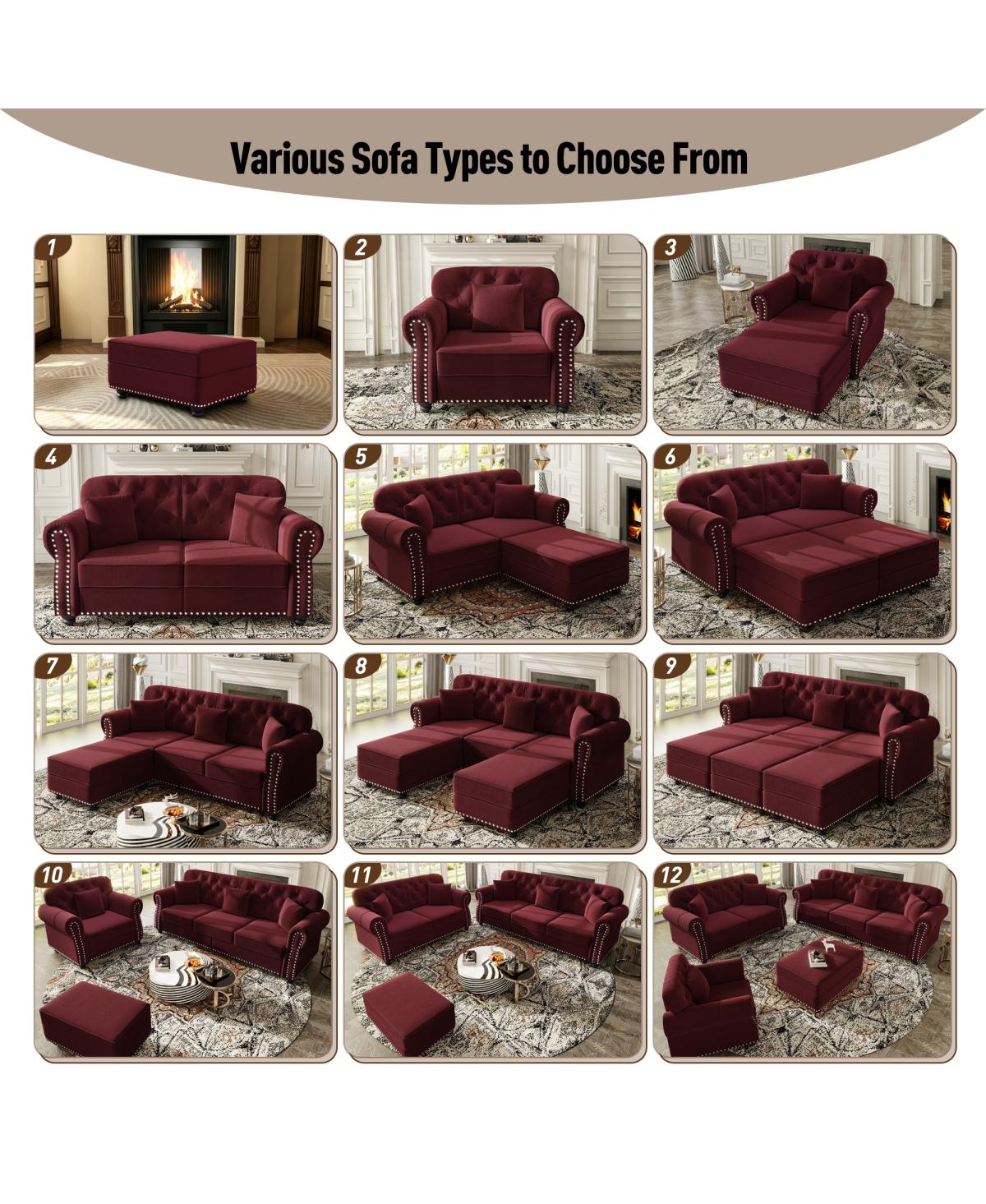 Streamdale Furniture Velvet Chesterfield Sofa with Nailhead Trim and Ottoman