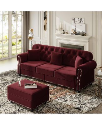  82.6'' Velvet Chesterfield Sofa with Nailhead Trim and 3 Pillows
