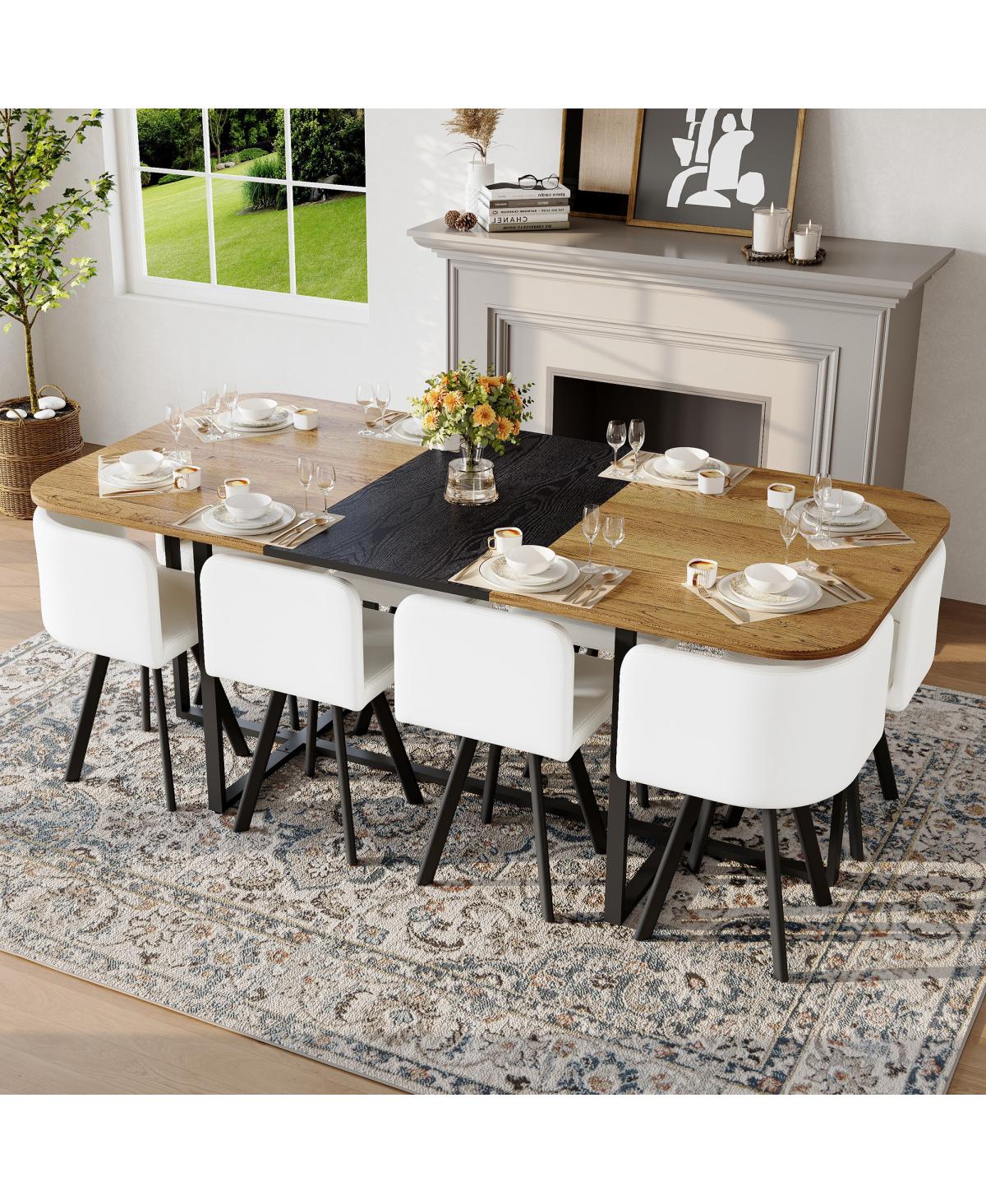 Streamdale Furniture 9-Piece Two-Tone Square Dining Table Set with 8 White Pu Leather Chairs